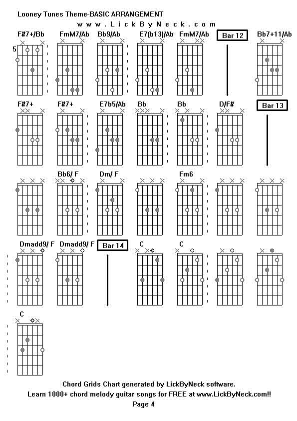 Chord Grids Chart of chord melody fingerstyle guitar song-Looney Tunes Theme-BASIC ARRANGEMENT,generated by LickByNeck software.